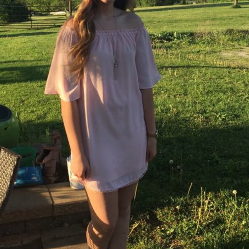 Blush pink off the shoulder dress